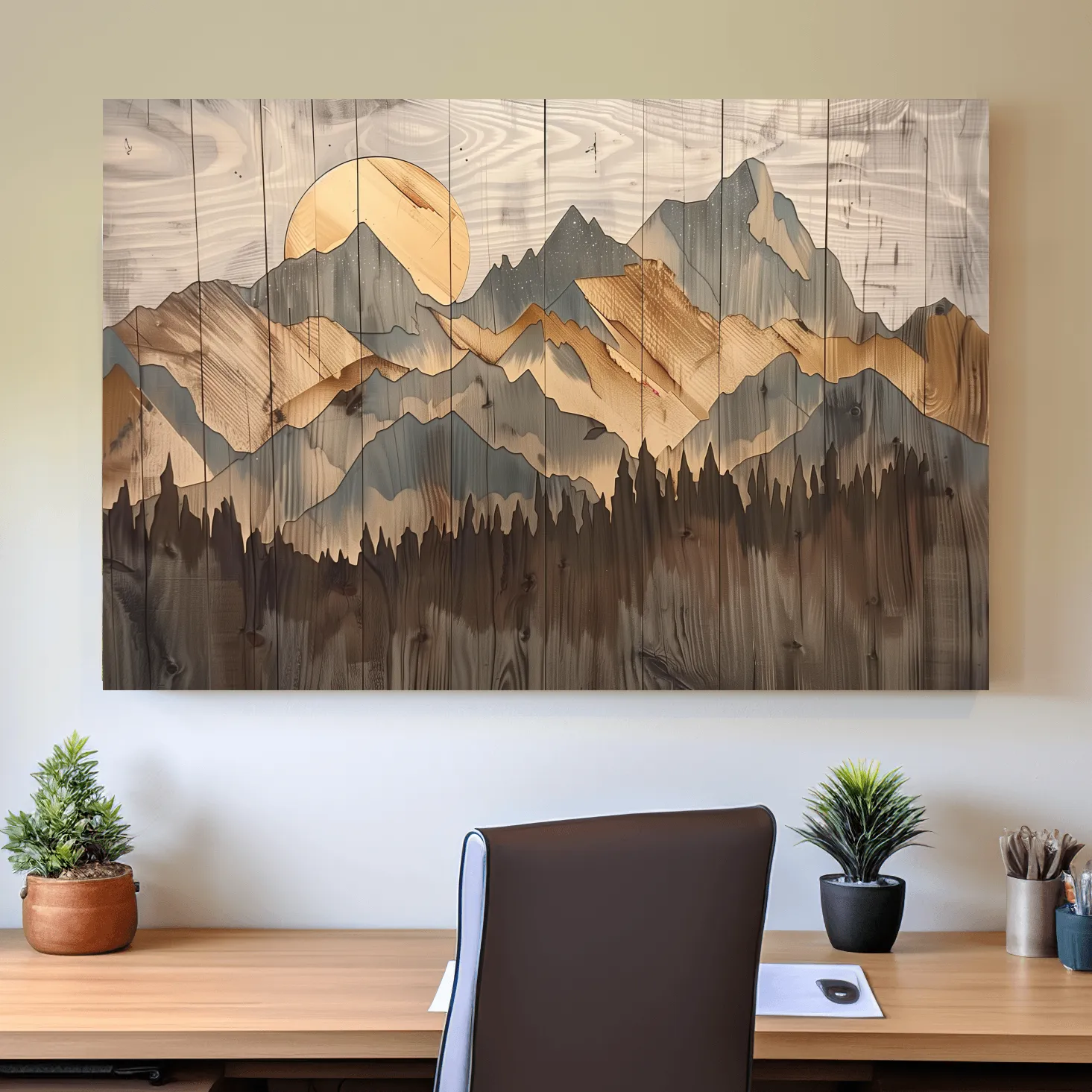 Rustic Mountain Range Sunrise - Woodgrain Style Forest Wall Art