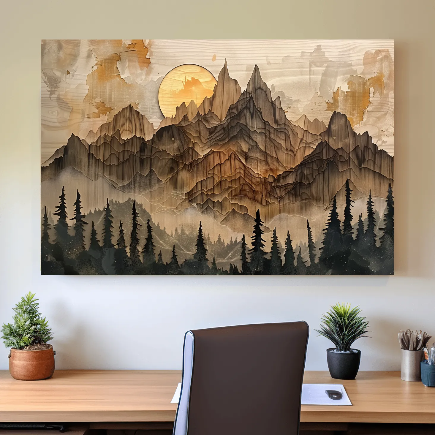 Rustic Mountain Sunset Landscape - Woodcut Style Alpine Wall Art