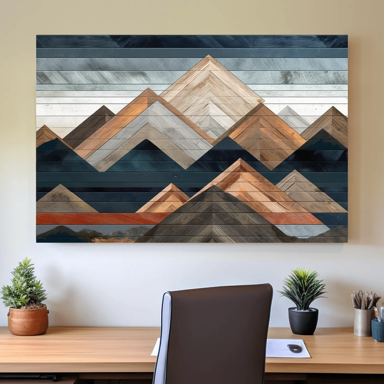 Geometric Woodgrain Mountain Peaks - Modern Abstract Landscape Wall Art