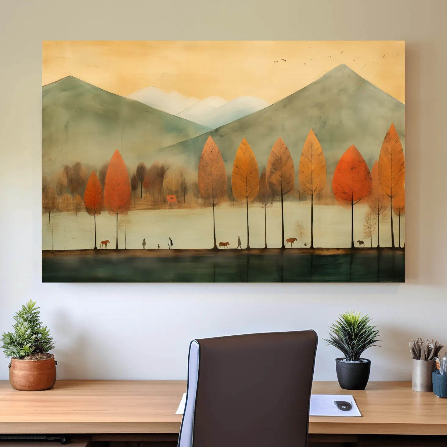 Autumn Tree Lined Lake Landscape - Quirky Watercolor Style Wall Art