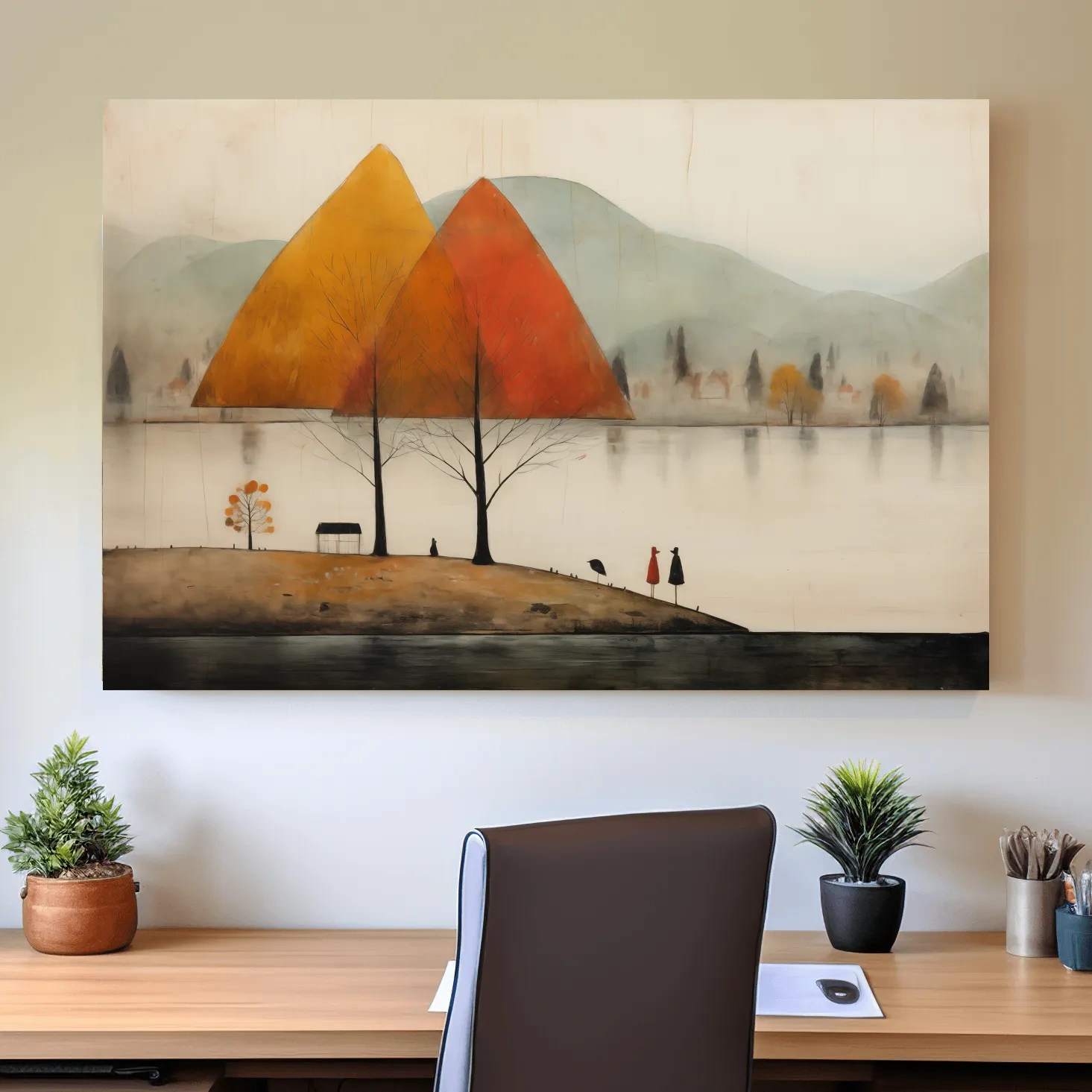Quirky painting of a lakeside mountain scene in fall