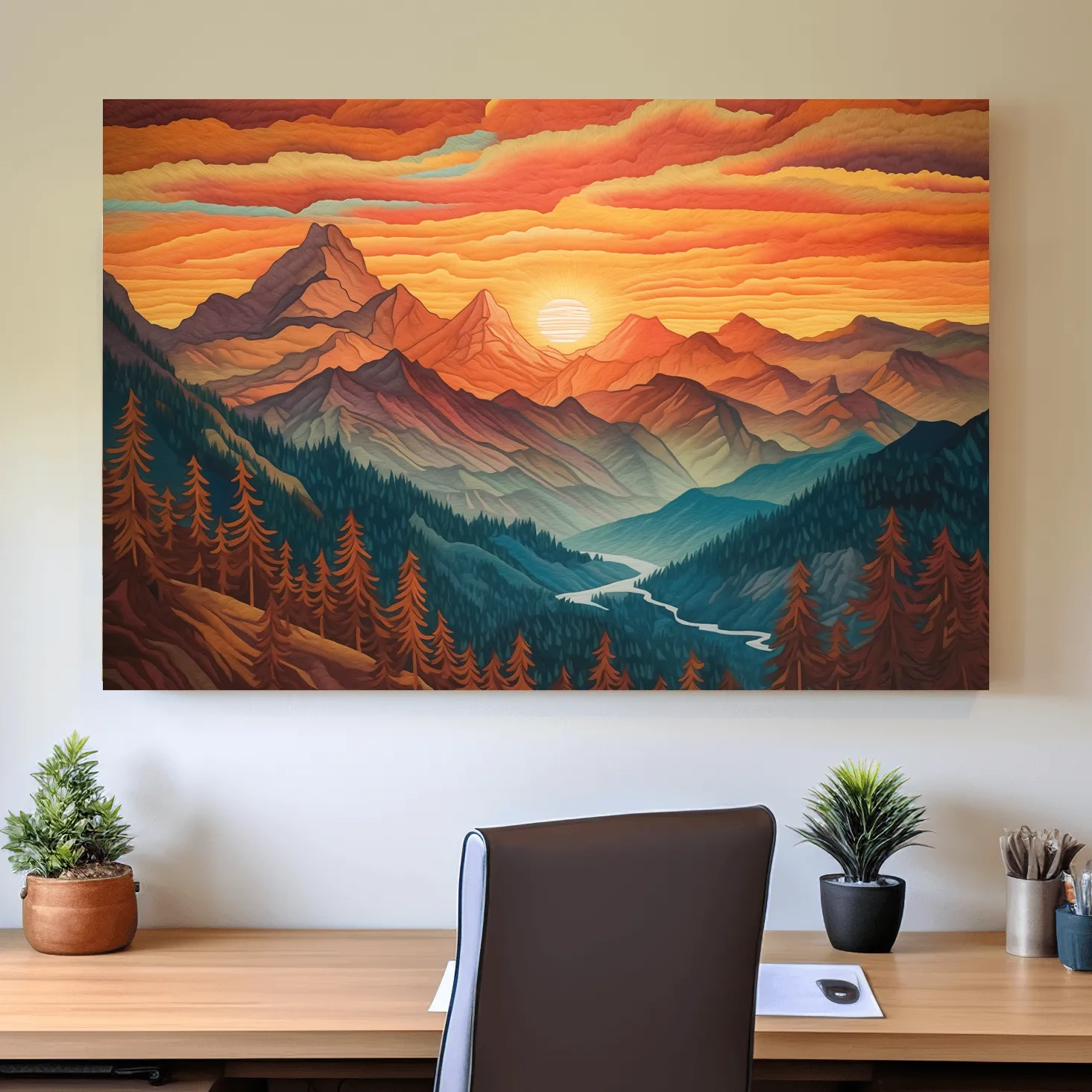 Textured effect artwork of a mountain landscape at sunset