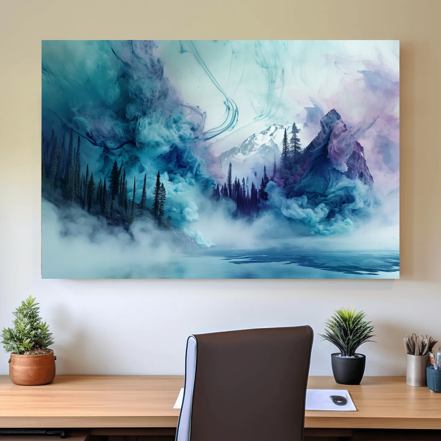 Abstract mountain painting, fog swirling through an alpine lake