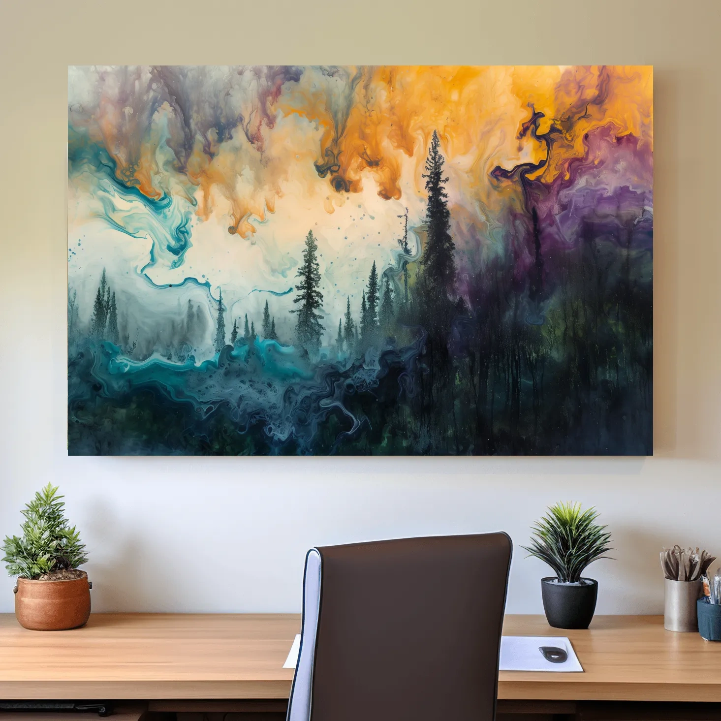 Abstract foggy forest painting, swirling colors and smoke