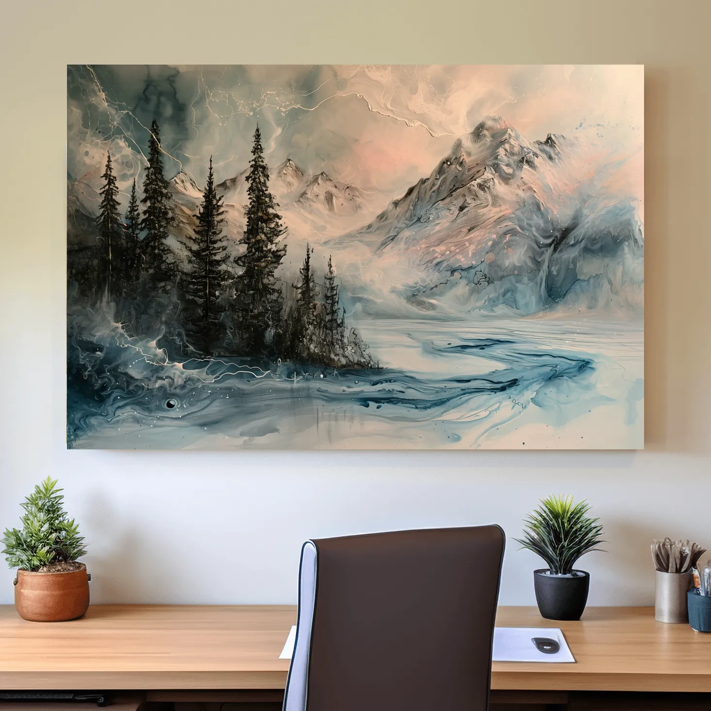 Abstract mountain painting artwork, treelined lake beneath a glacier