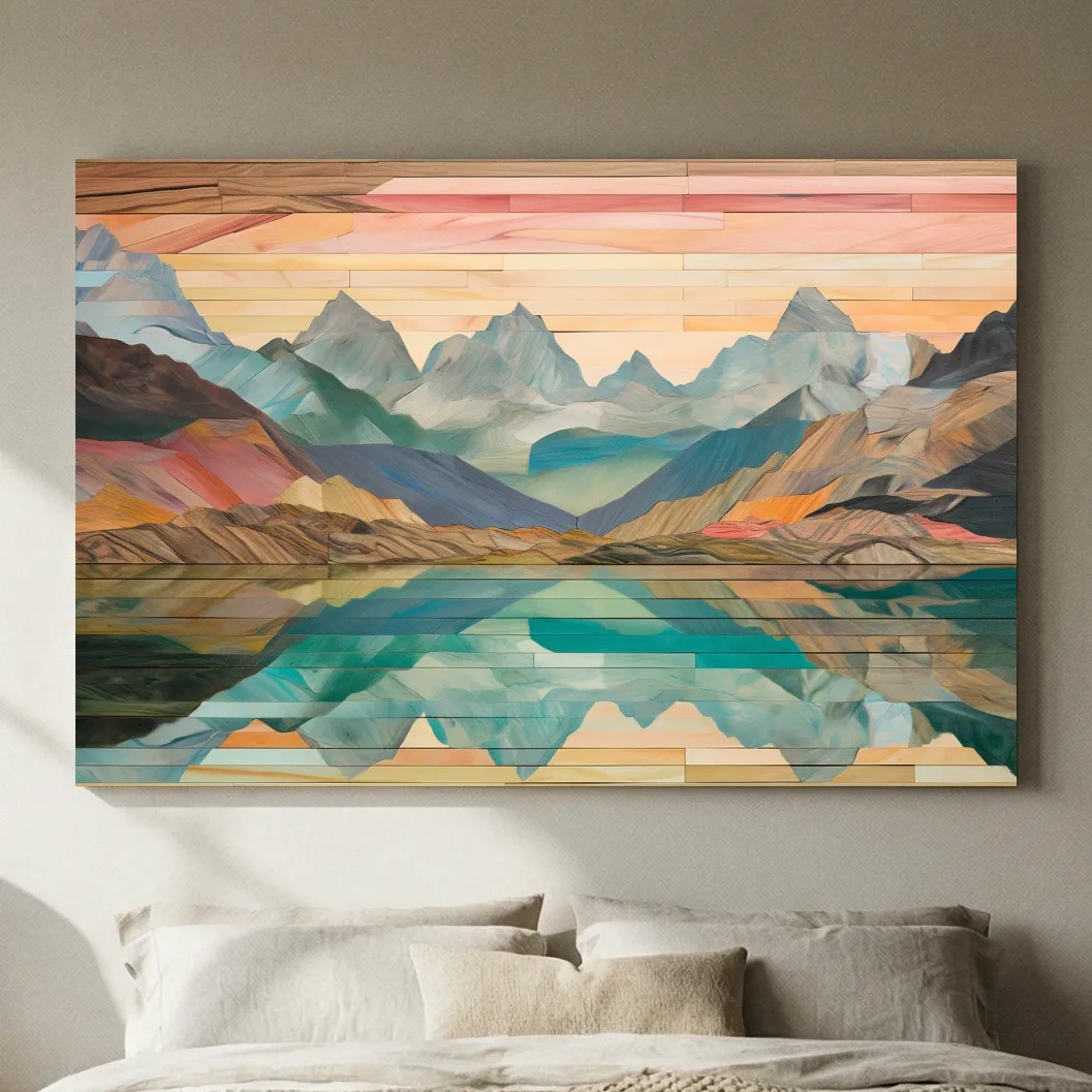 Alpine Lake Mountain Reflection - Layered Wooden Style Landscape Wall Art