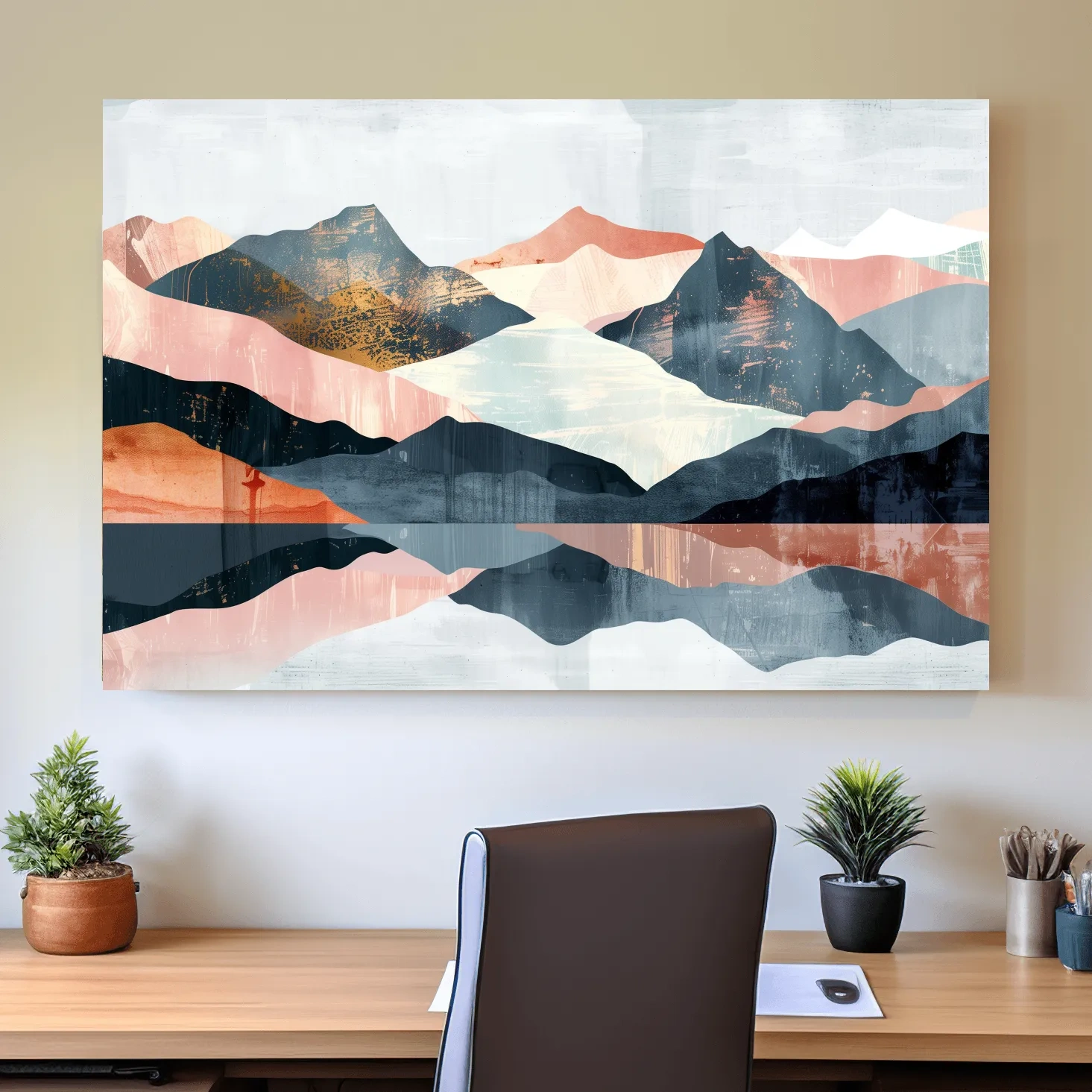 Abstract mountain painting, mid century style artwork