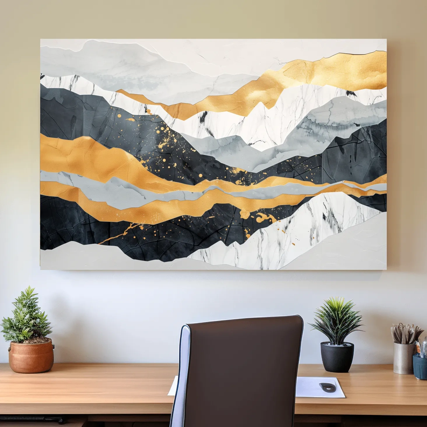 Abstract layered mixed media artwork, elegant mountain ridgelines, large format wall art