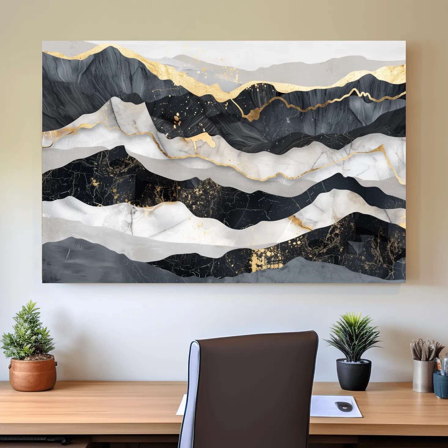 Abstract elegant artwork, layered mountain ridgelines, gold leaf style modern wall art