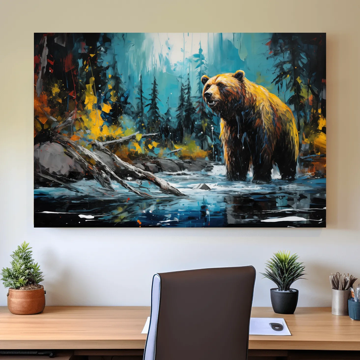 Grizzly Bear Forest River Painting - Vibrant Wildlife Nature Wall Art