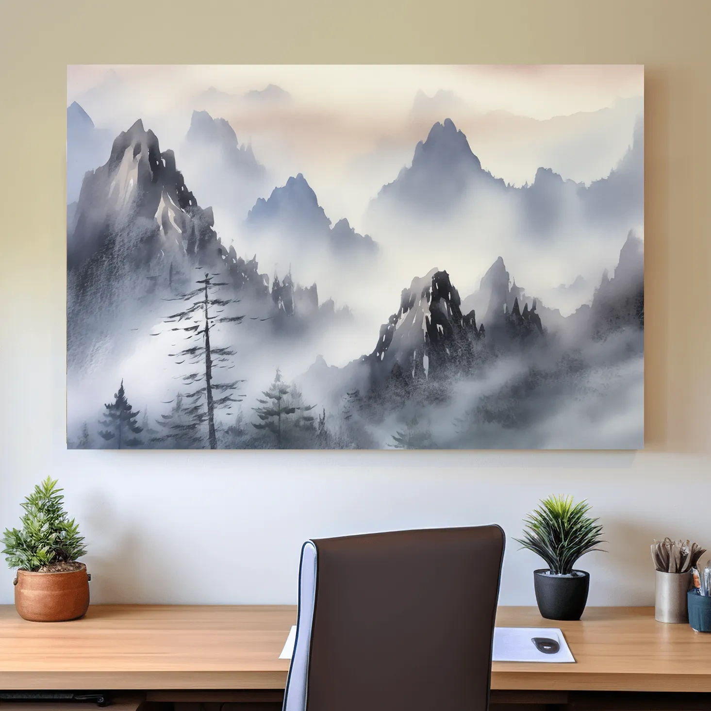 Chinese traditional ink wash style watercolour painting of foggy mountains