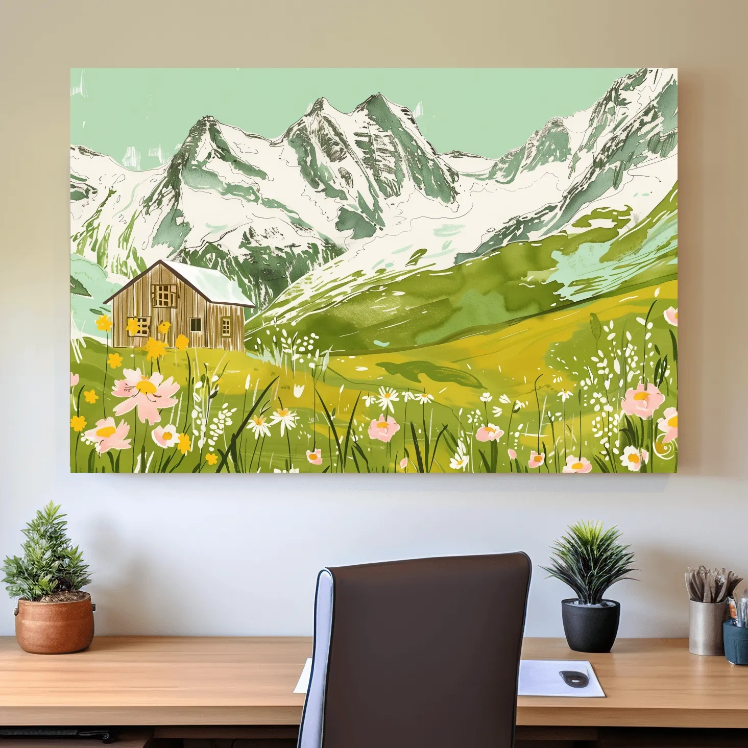 Alpine cabin artwork, flowers and glacier, stylized sketch painting style
