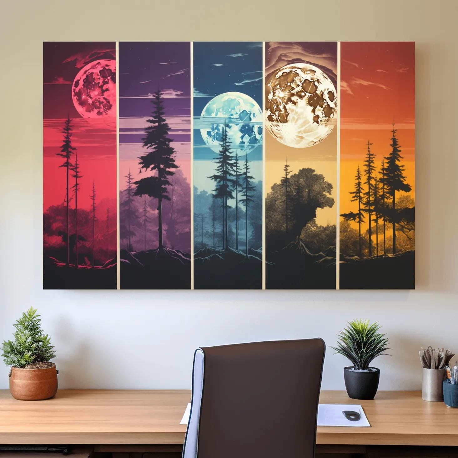 Multipanel colorful treeline under the moonlit sky, risograph style artwork