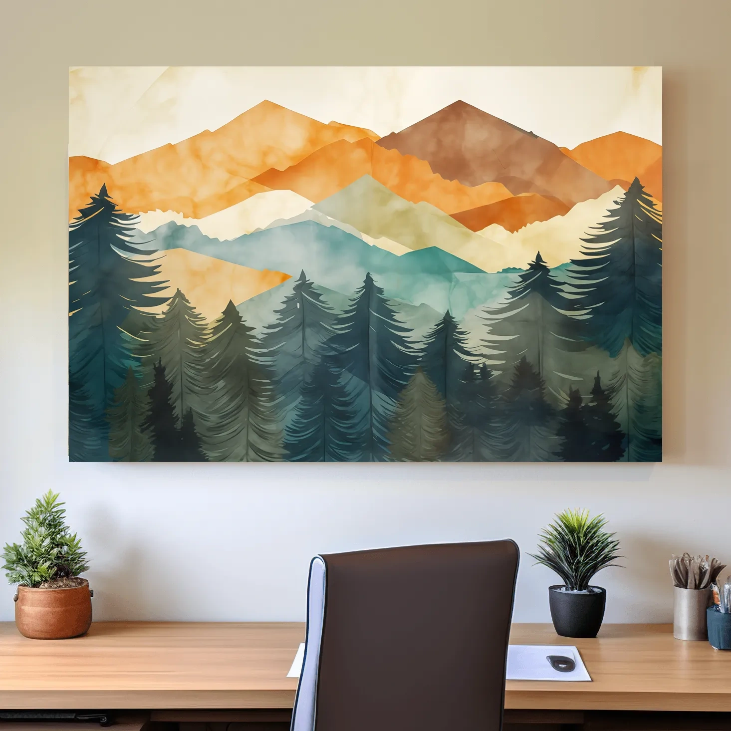 Abstract watercolor painting, mountains and forest