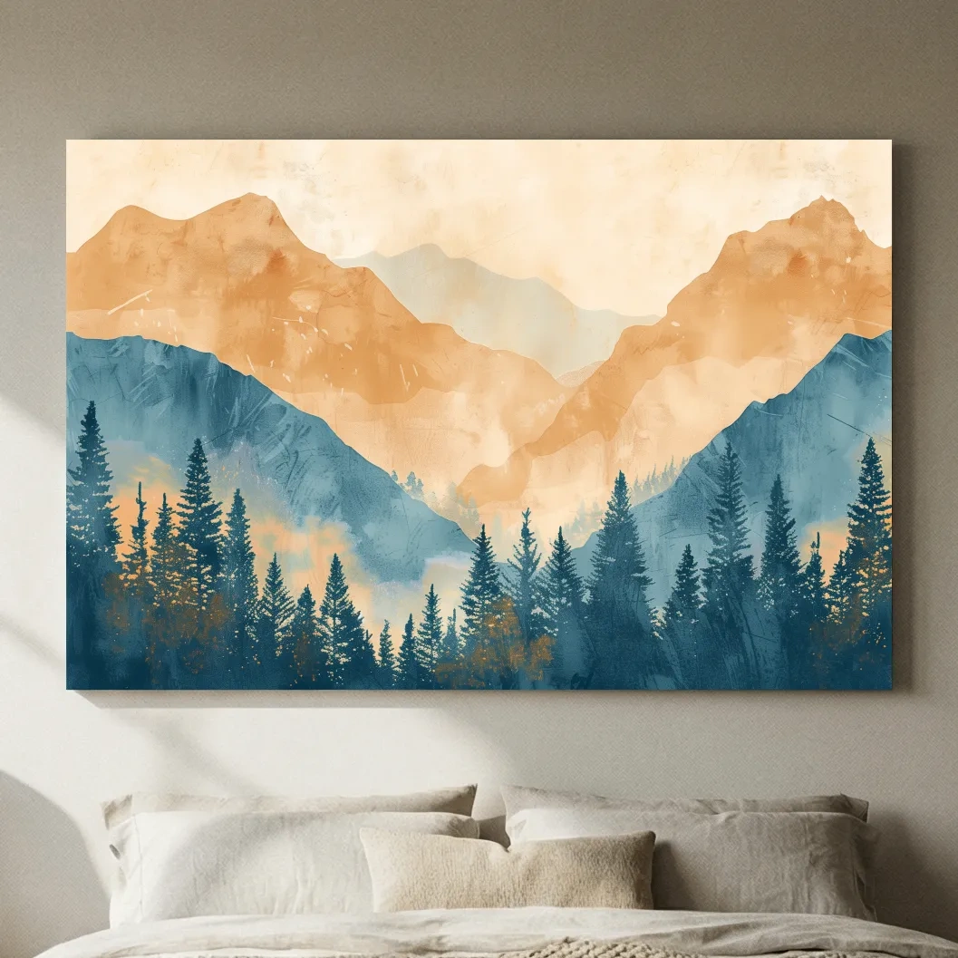 Misty Mountain Range Watercolor - Pine Forest Landscape Artwork