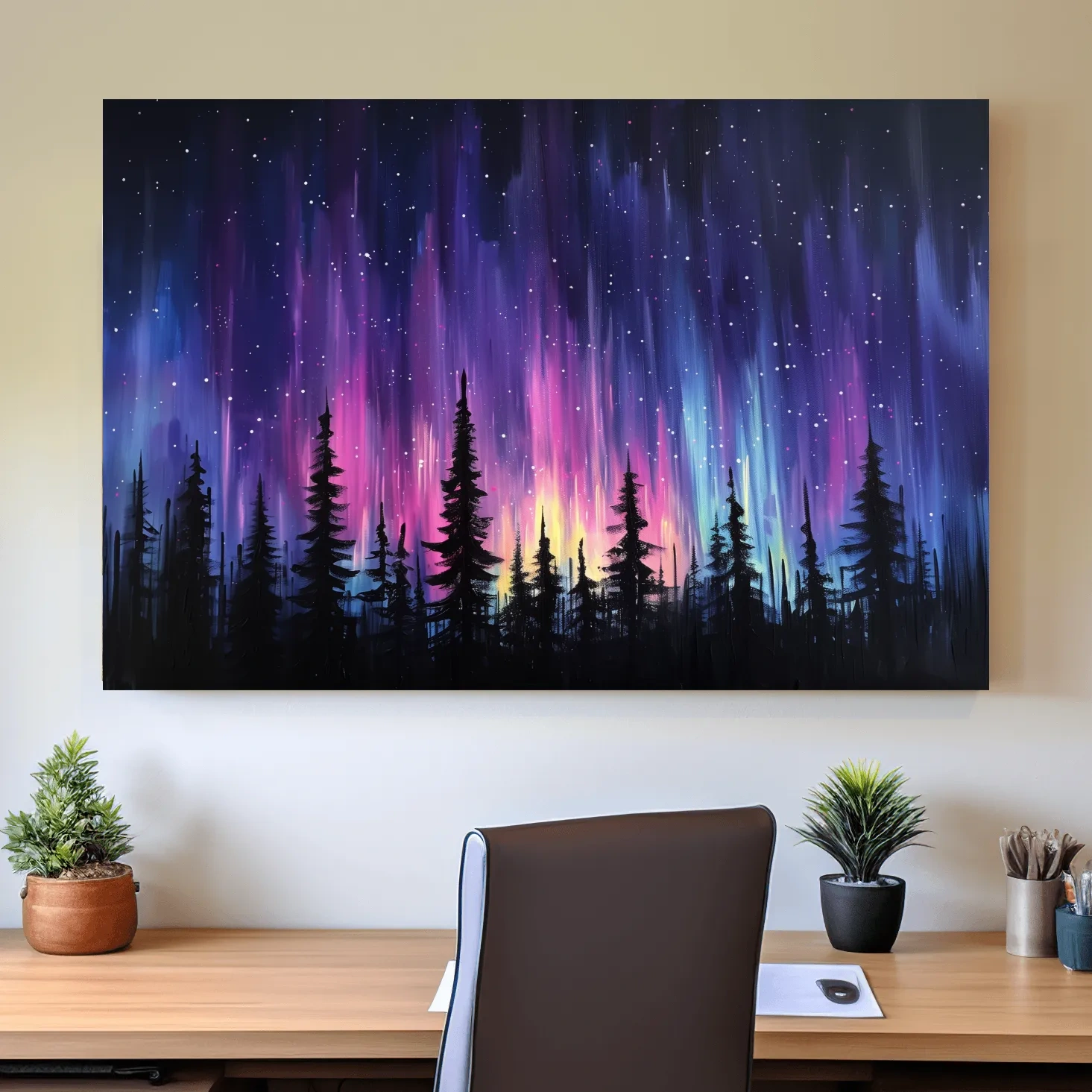 Painting of silhouetted trees against purple and pink northern lights sky