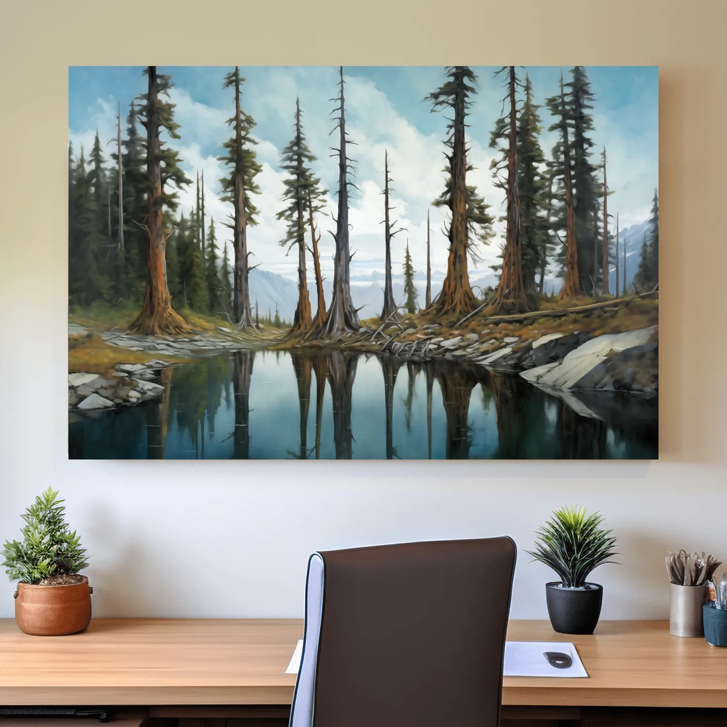 Painting of a line of trees beside a lake and mountains, forest artwork