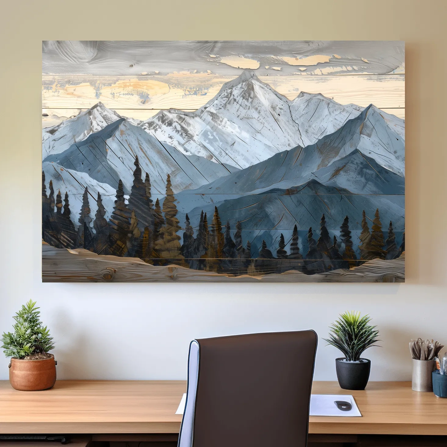 Alpine Forest Mountain Range Artwork - Rustic Woodgrain Landscape Wall Art