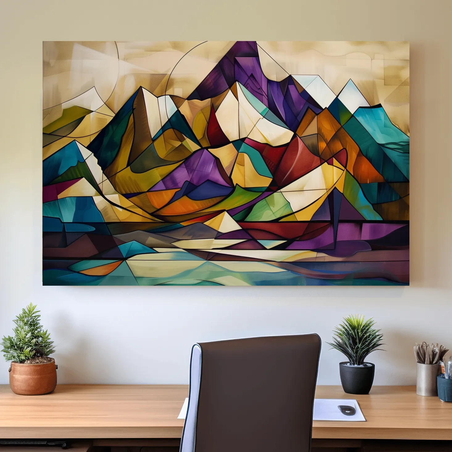 Abstract colorful mountain art, mixed media leadlight style painting