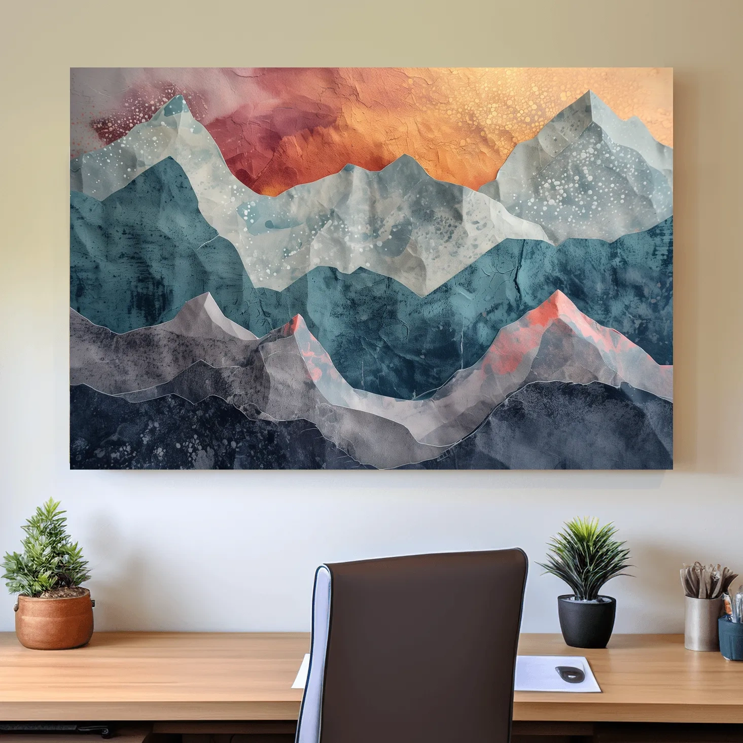 Abstract sunset mountain artwork, 3d textured paper effect