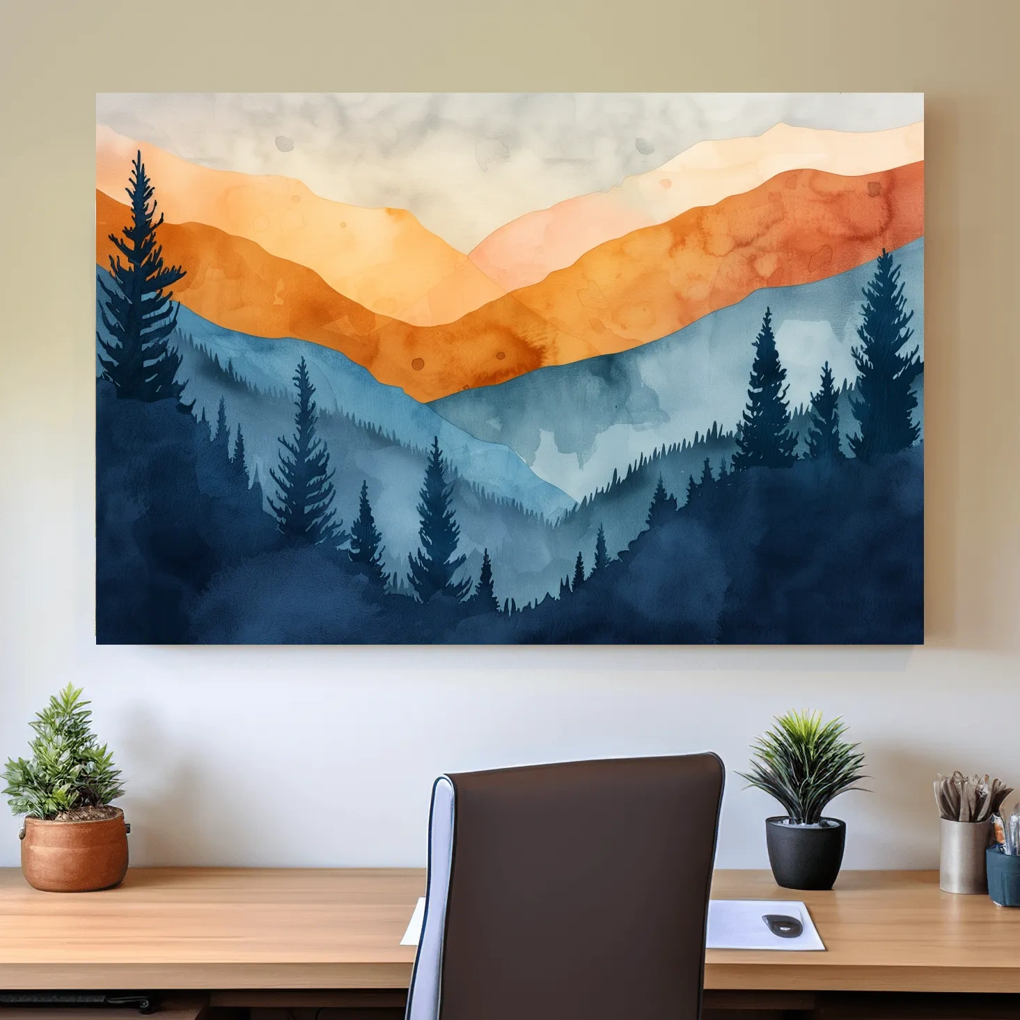 Moody Watercolor Mountain Range Silhouette - Pine Forest Painting Wall Art