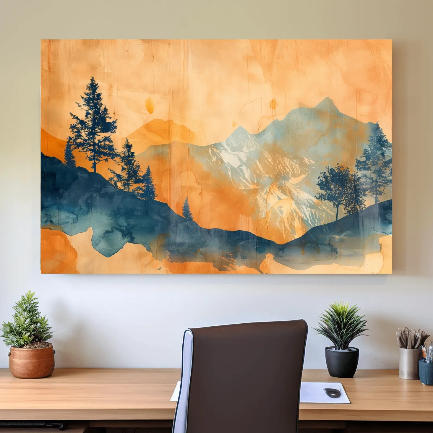 Abstract watercolor painting wall art, trees, mountains and glacier