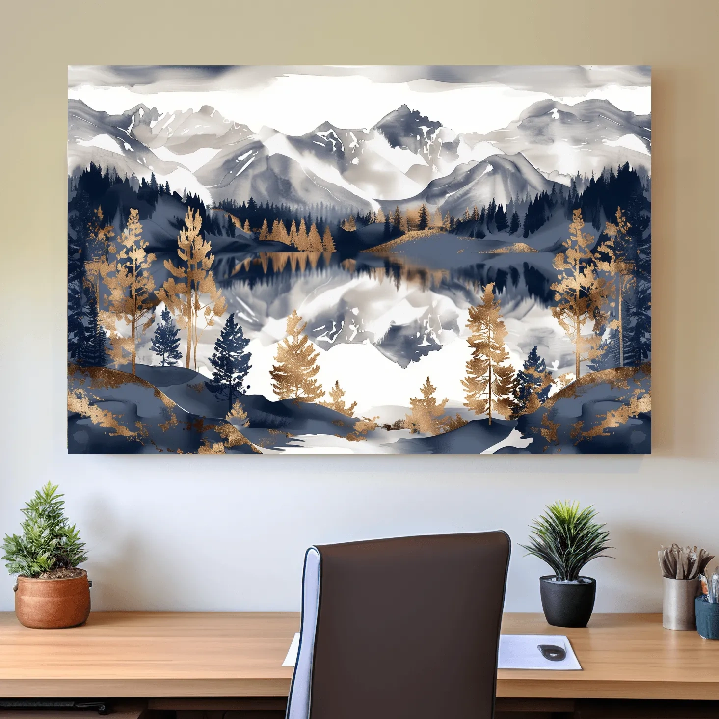 Gold leaf style alpine lake and mountain wall art painting