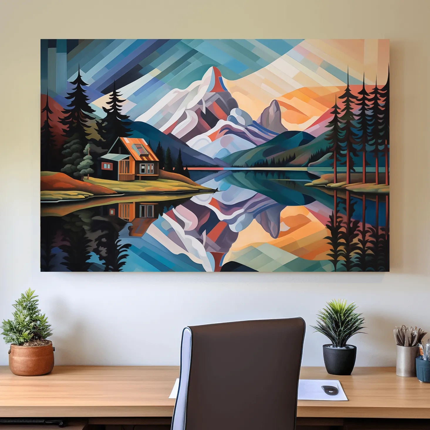 Abstract oil painting of a cabin by a lake at sunset