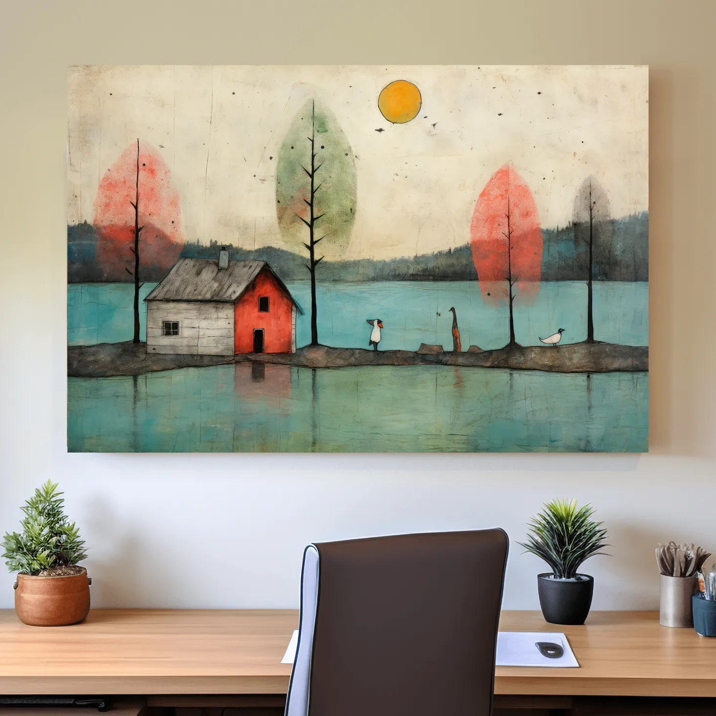 Whimsical Lakeside Cabin Illustration - Rustic Folk Landscape Wall Art