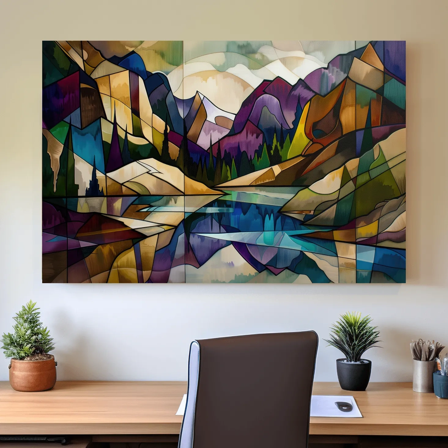 Alpine lake mountain art, colorful abstract leadlight style painting