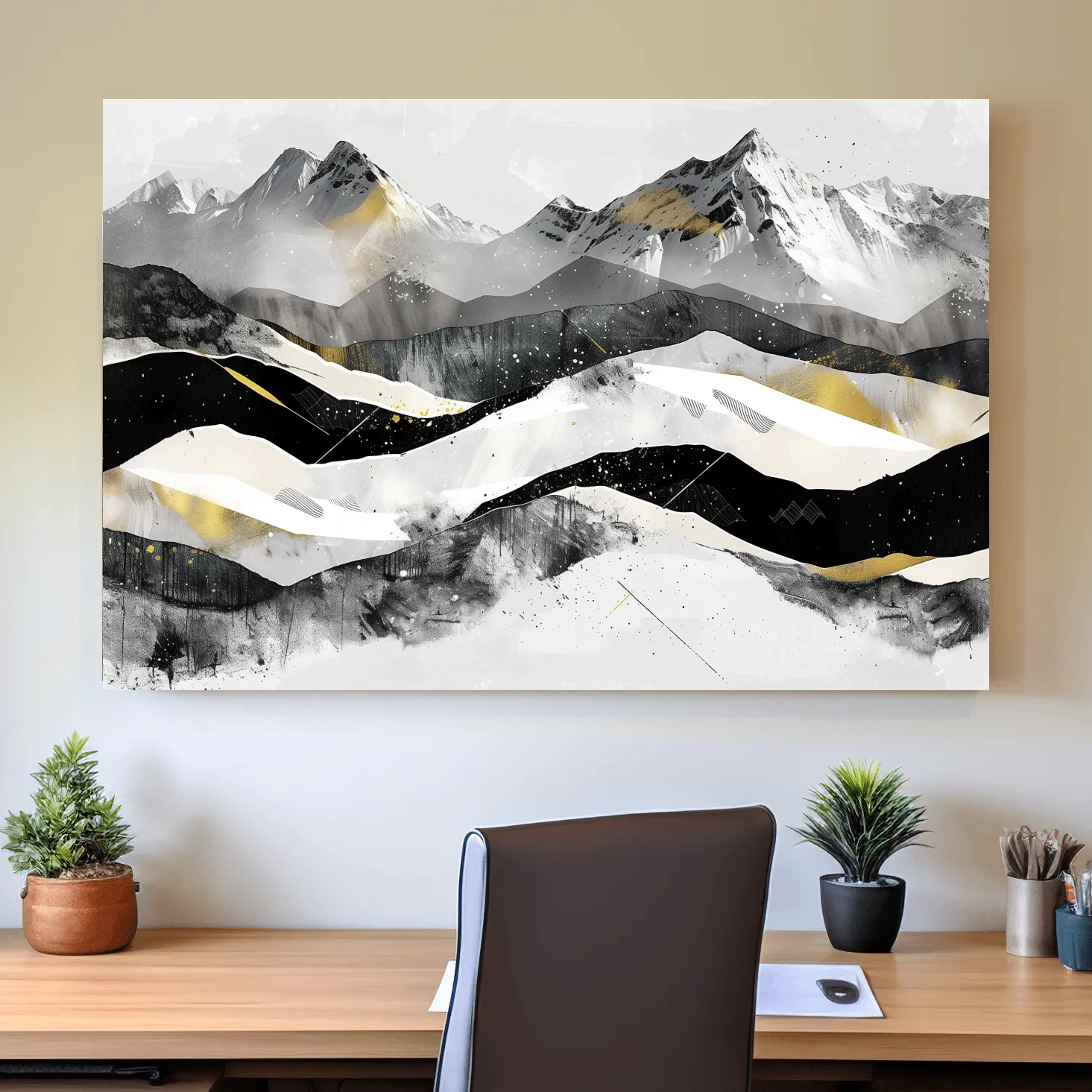 Snow capped mountains, modern black and white abstract artwork