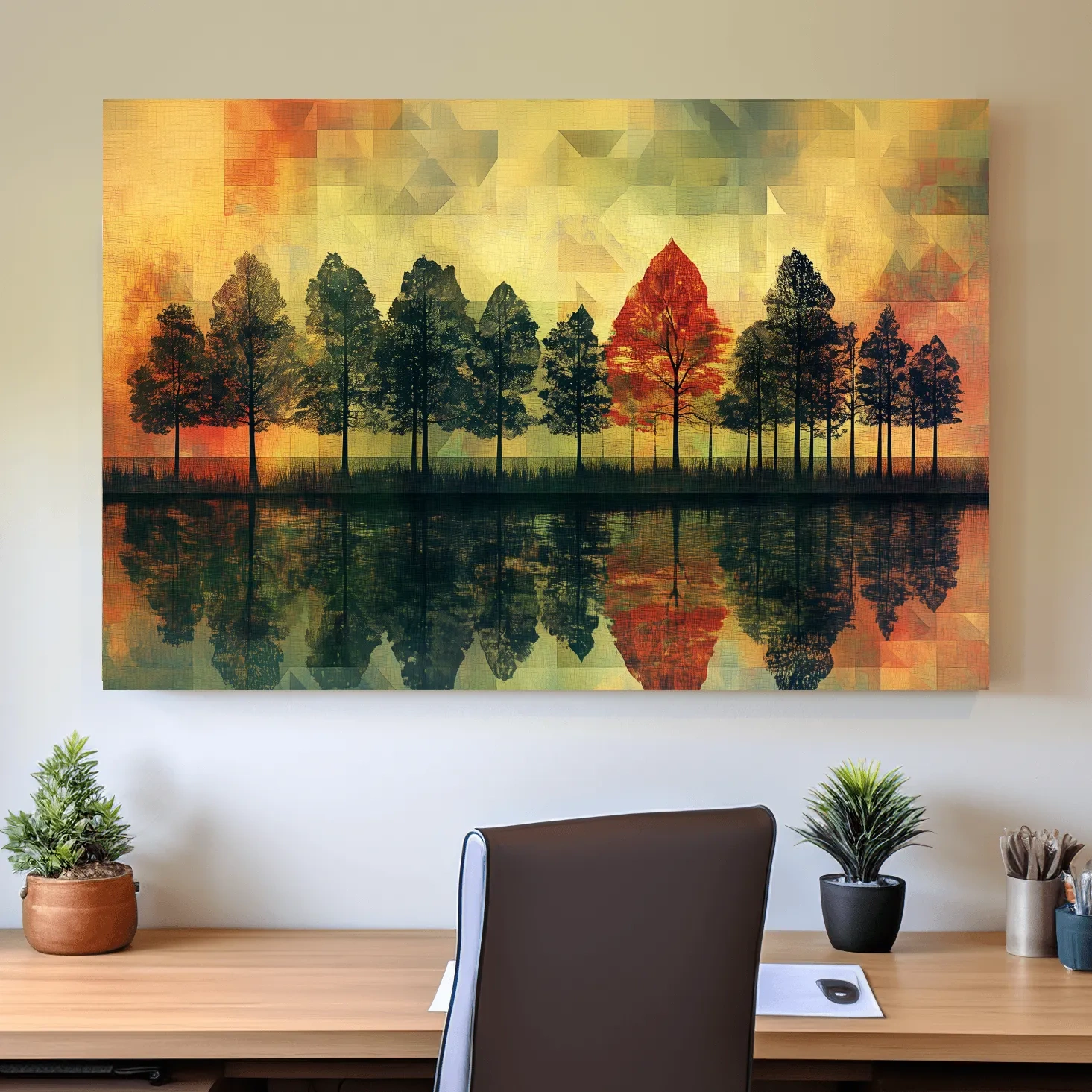 Abstract Geometric Autumn Forest Reflection - Modern Mosaic Landscape Artwork