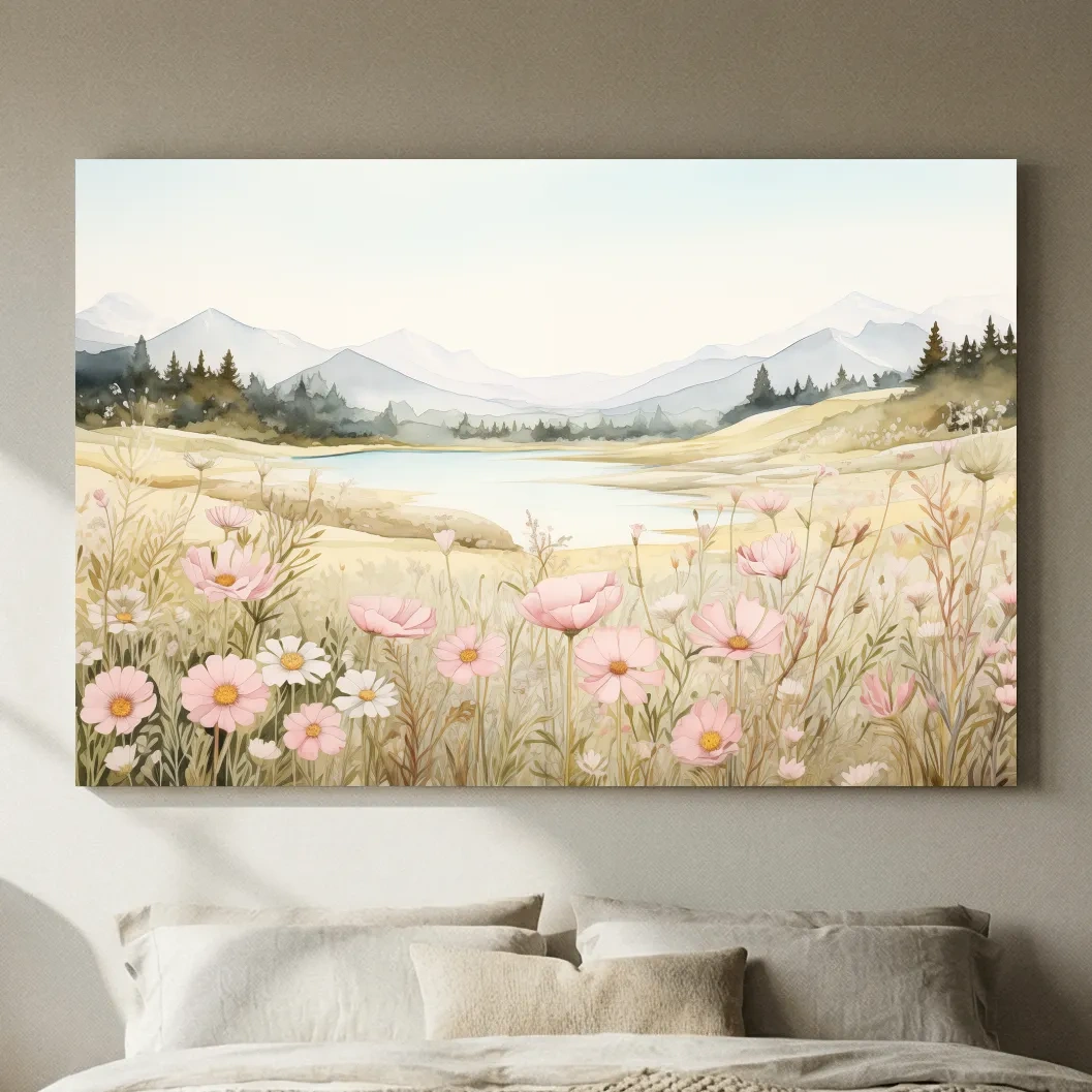 Soft Watercolor Wildflower Meadow Landscape - Serene Pastel Alpine Wall Art