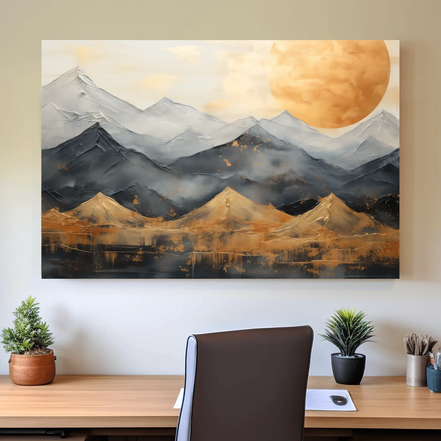 Gold Leaf Style Abstract Mountain Range Sunset - Modern Landscape Wall Art