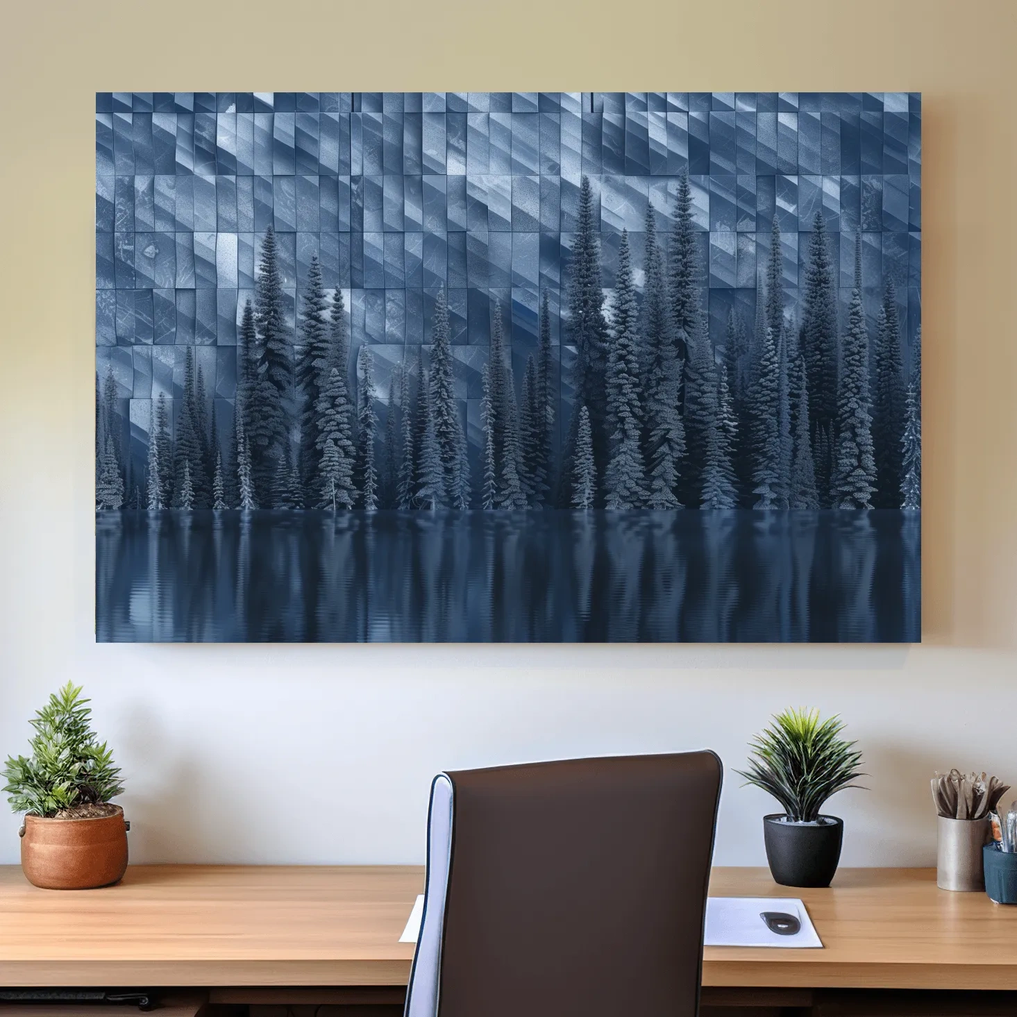 Digital forest artwork, trees reflecting on the lake, tessellated mosaic effect