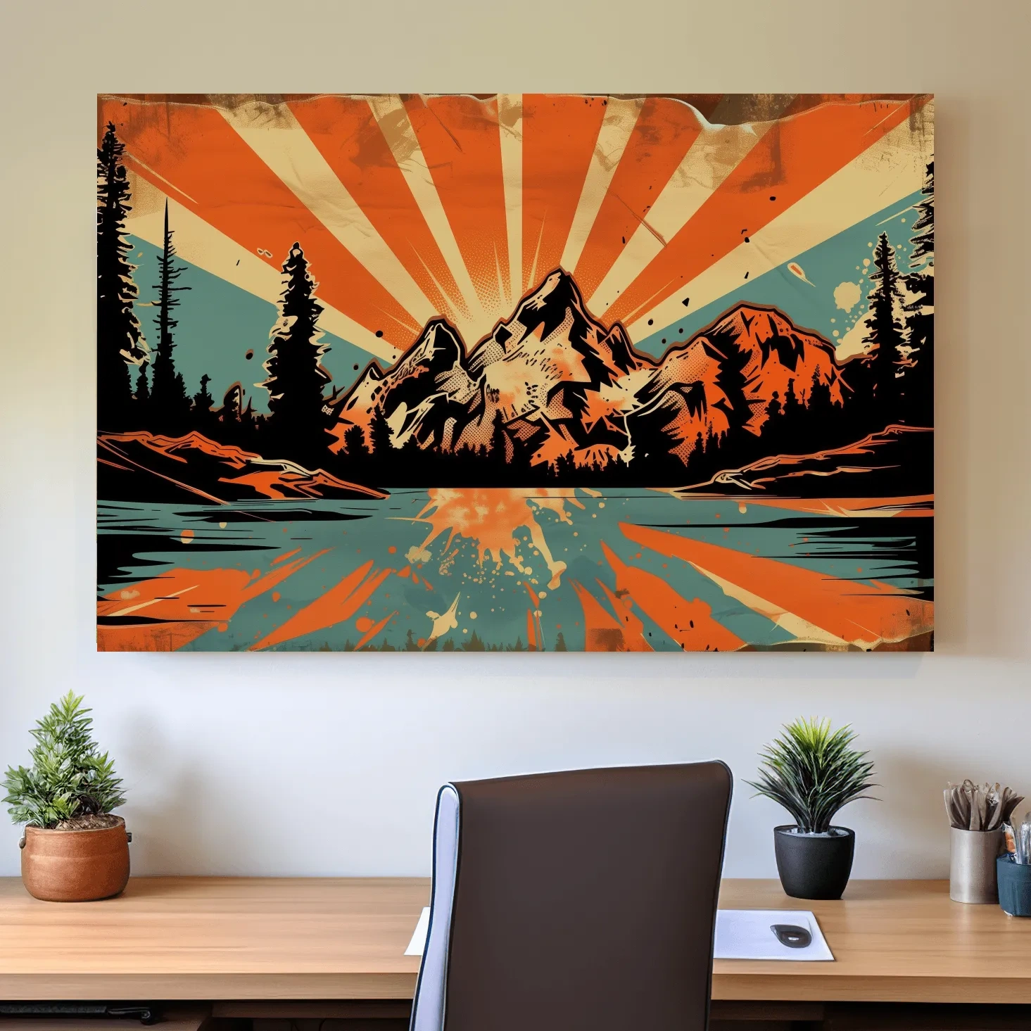 Retro comic book style halftone mountain wall art, sunrise rays from behind a glacier and alpine lake,