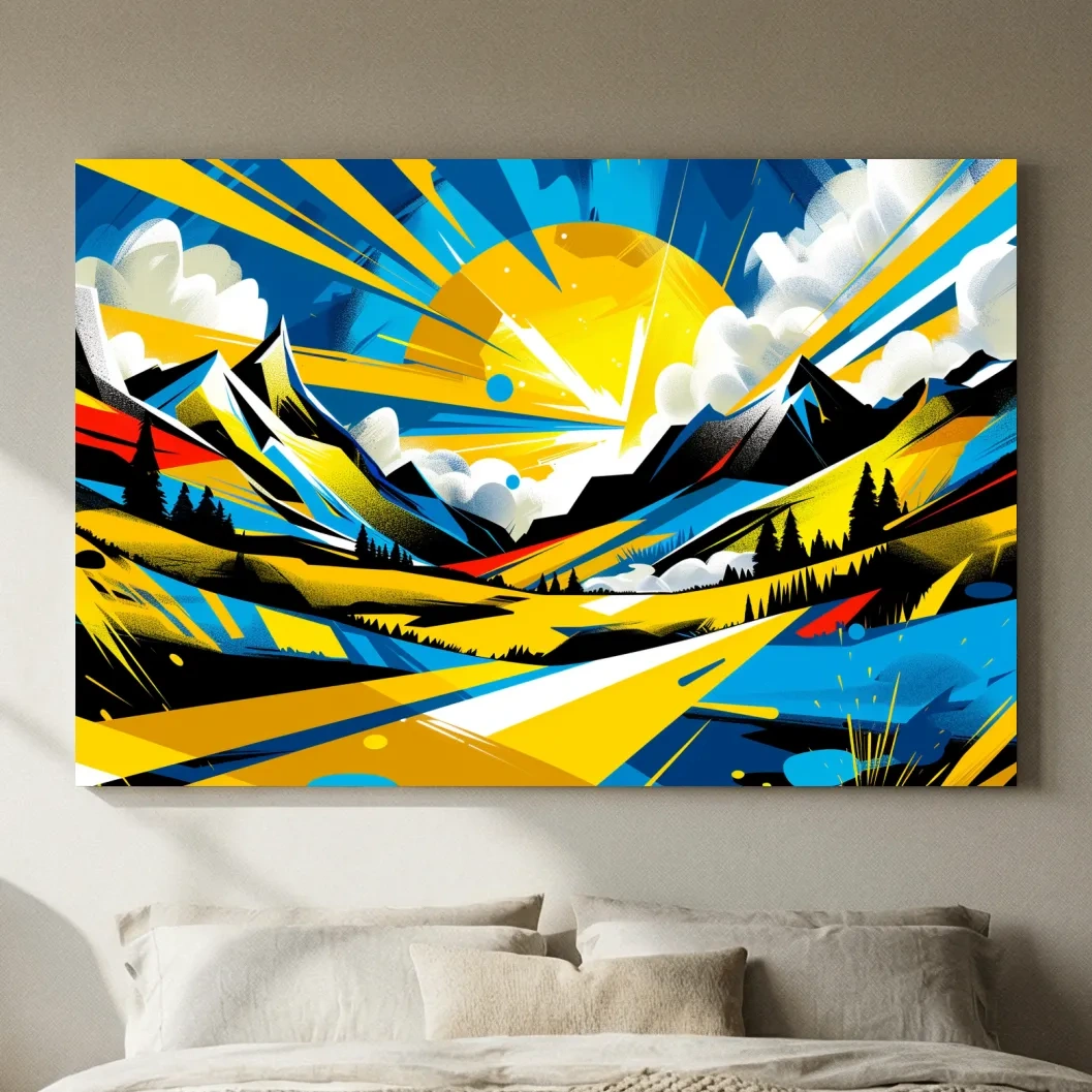 Vibrant Geometric Graffiti Mountain Sunset Landscape - Bold Pop Art Style Wall Art