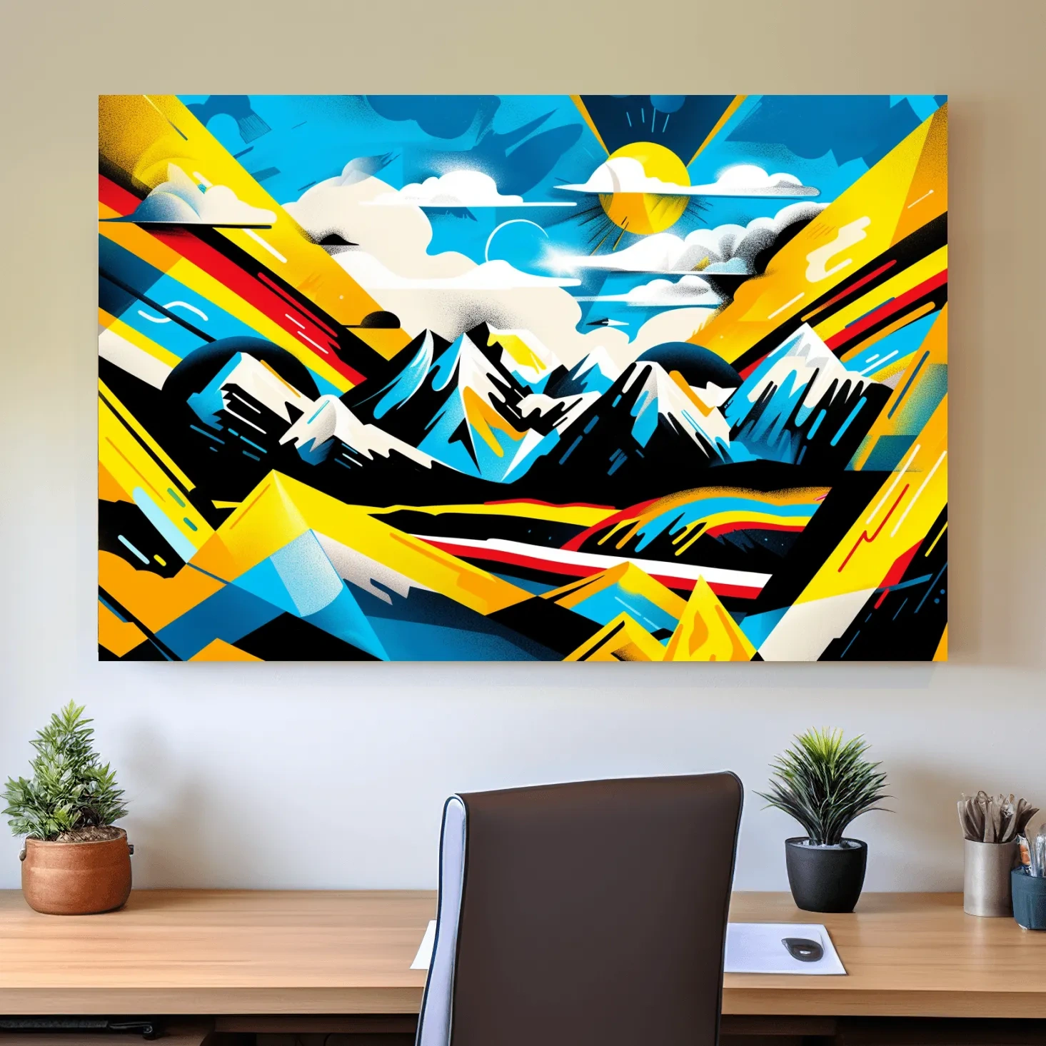Vibrant bright colorful sunset mountain wall art, graffiti style illustration artwork