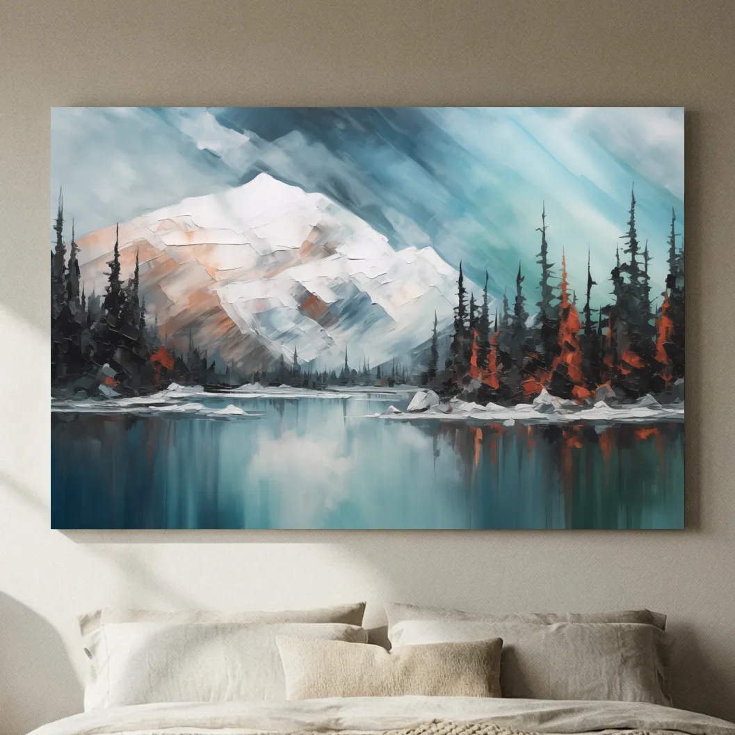 Alpine Glacier Lake Impasto Style Painting - Textured Forest Wall Art