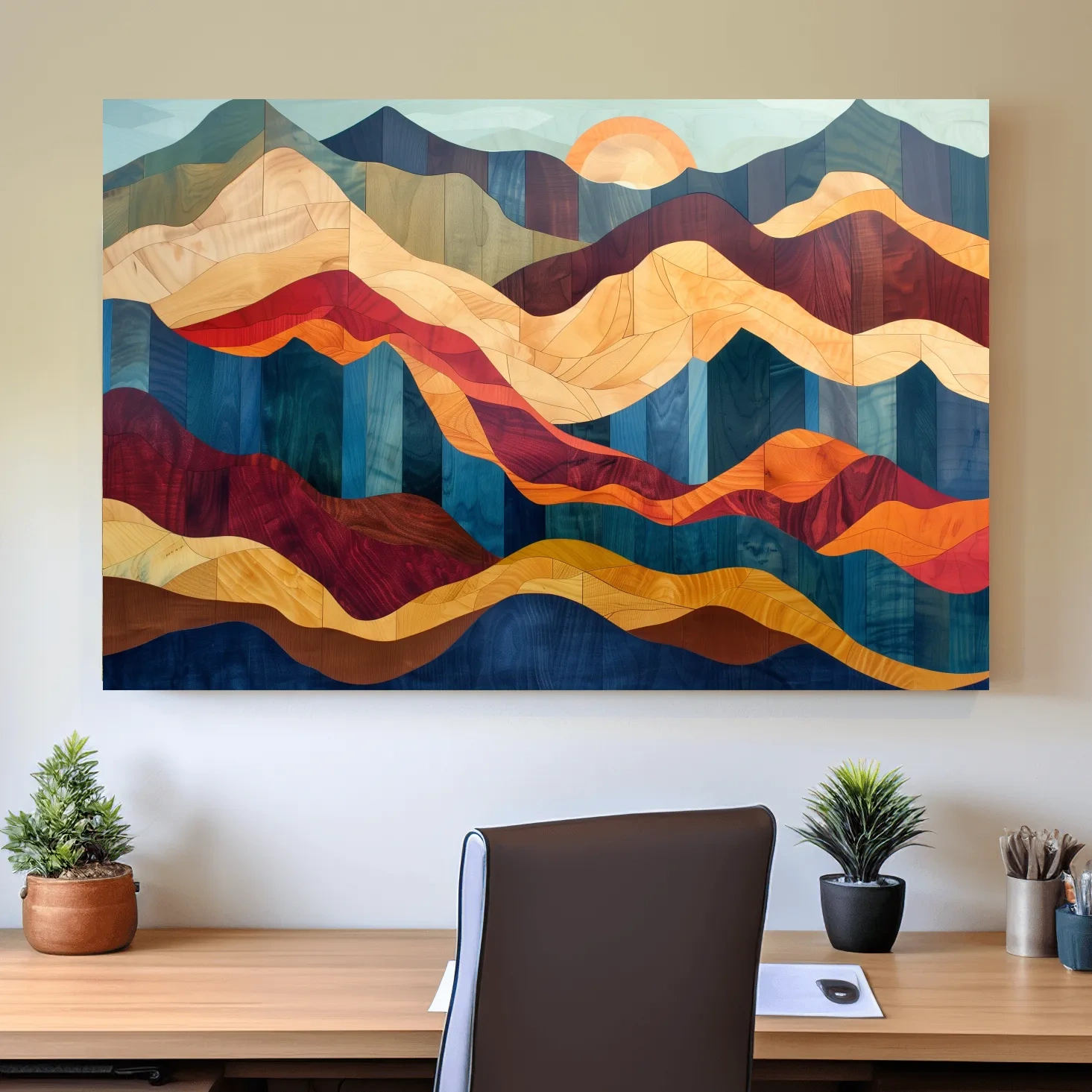 Wood intarsia style wall art, colorful mountain patterns with wood grain effect