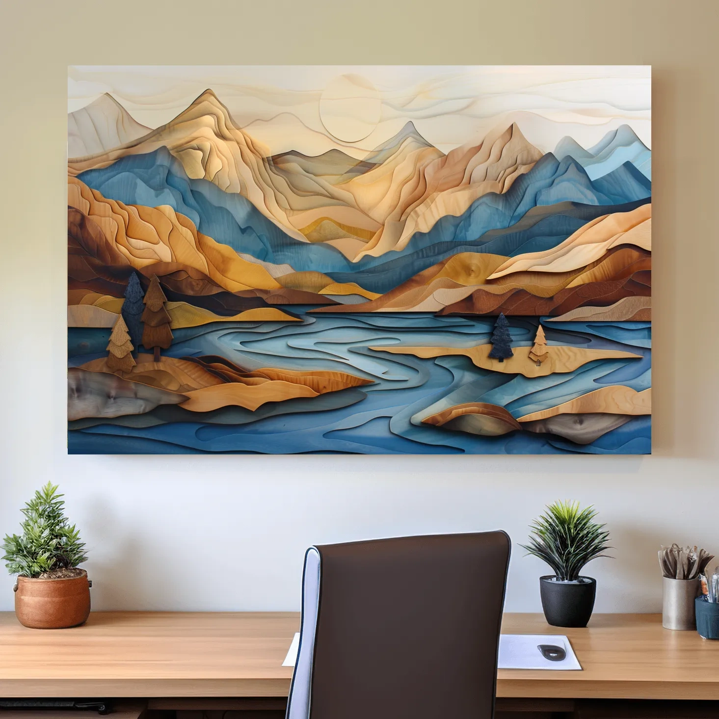 Alpine mountain and lake landscape scene, 3d layered effect wood intarsia style artwork