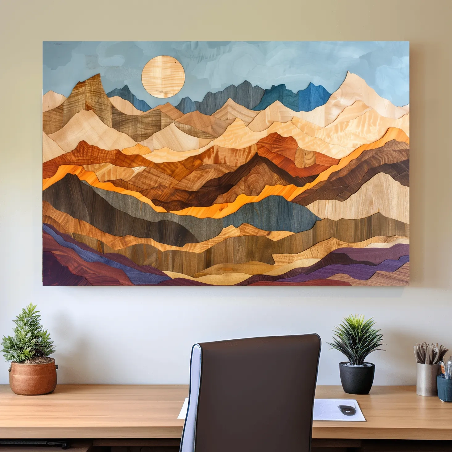 Colorful mountain patterns, 3d layered effect wood intarsia style canvas art