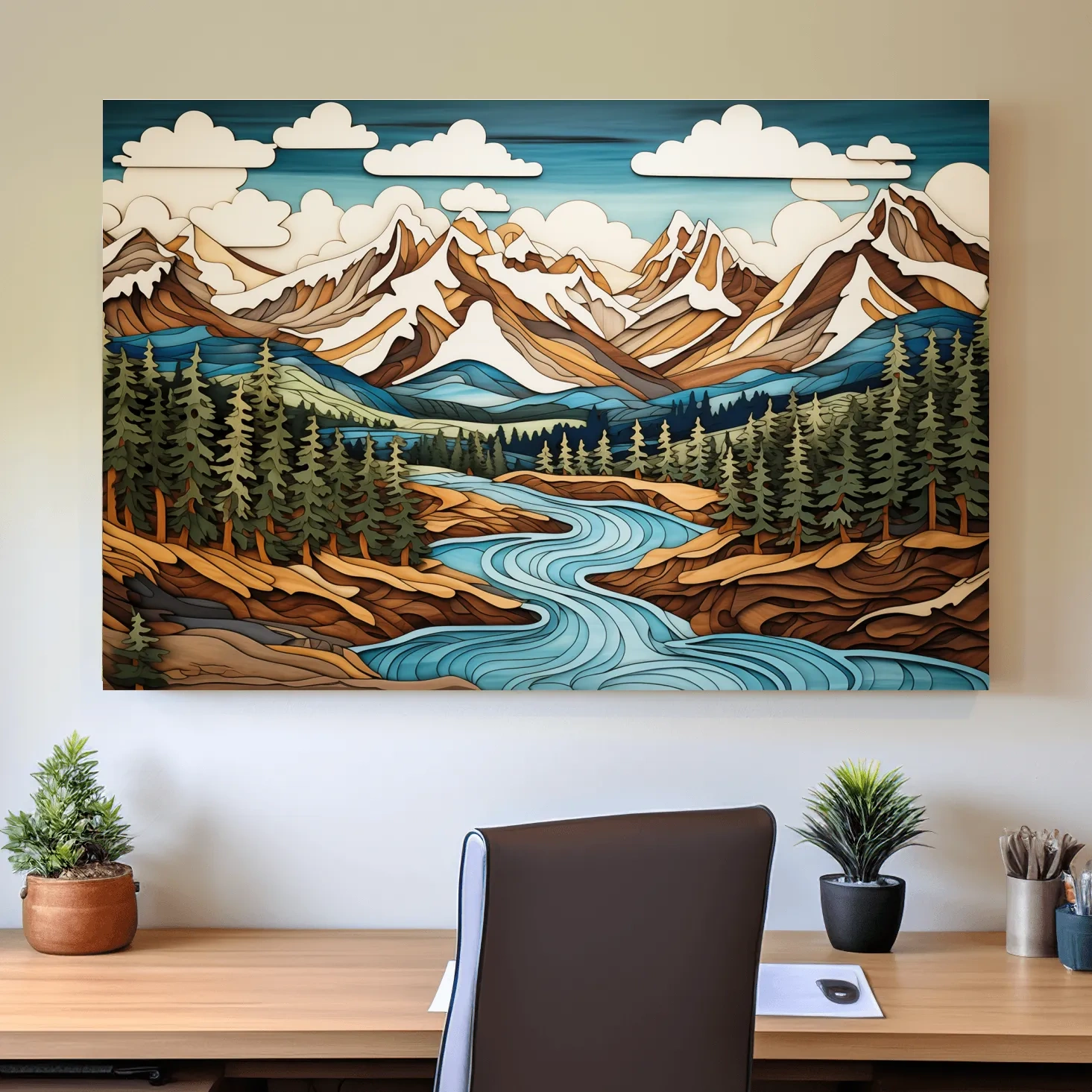 Intarsia Style Mountain River Landscape - Rustic Alpine Forest Artwork
