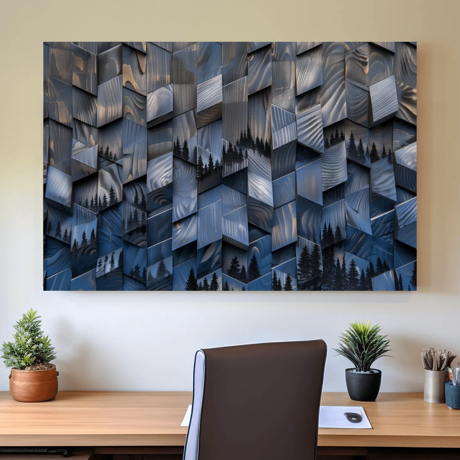 Wood Block Mountain Forest Collage - 3D Effect Abstract Landscape Wall Art