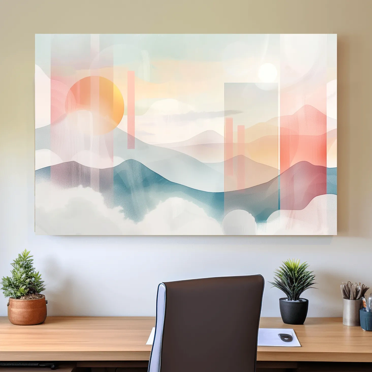 Abstract Pastel Mountain Sunrise Watercolor - Minimalist Geometric Wall Art