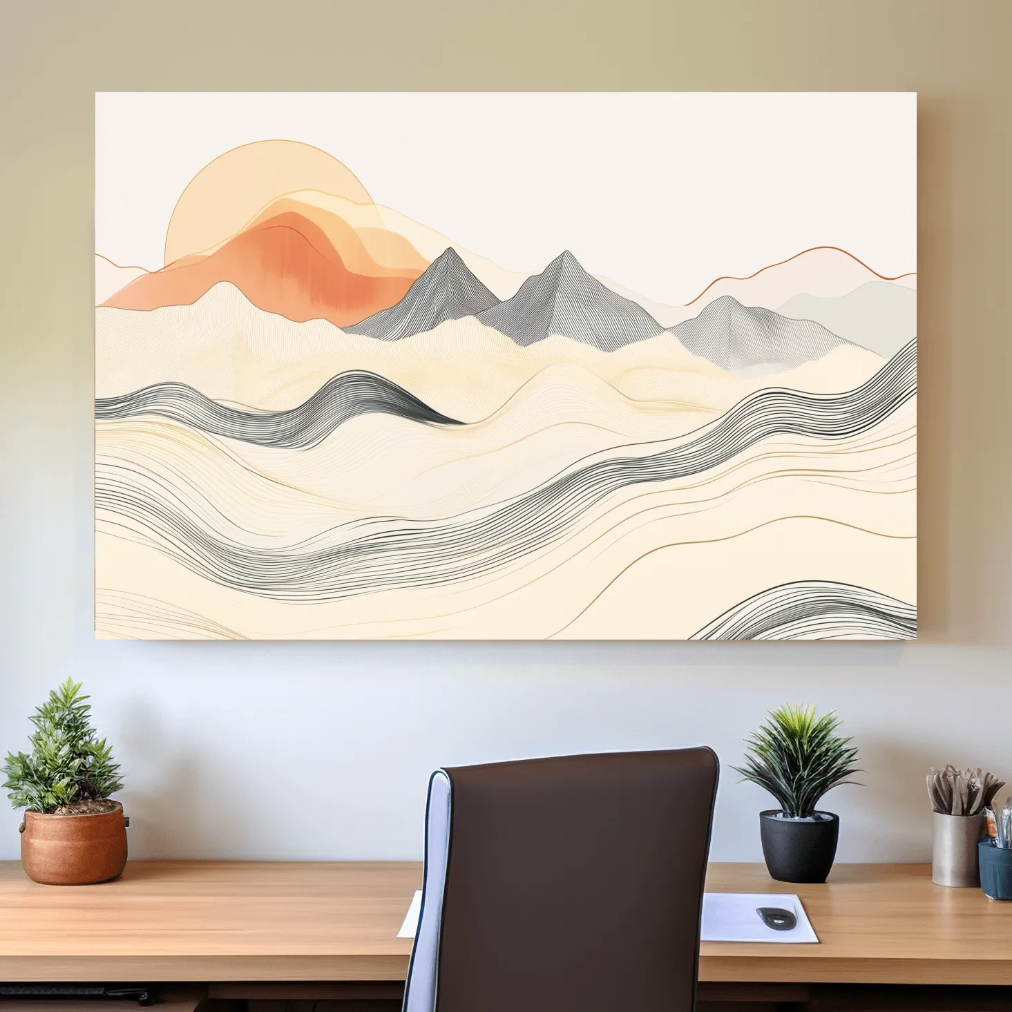 Mountain sunset wall art, abstract lineart illustration