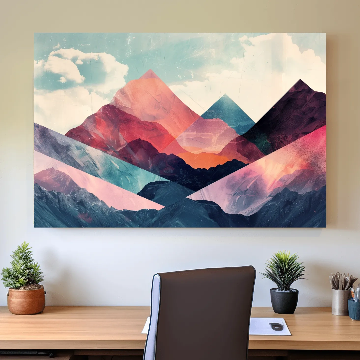 Vibrant colorful mountain wall art, mixed media collage effect