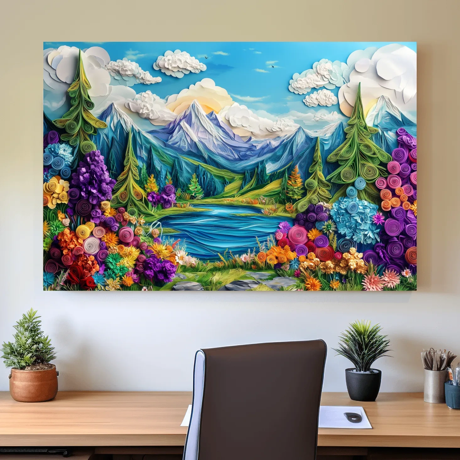 Vibrant alpine meadows artwork, 3D paper quilling effect