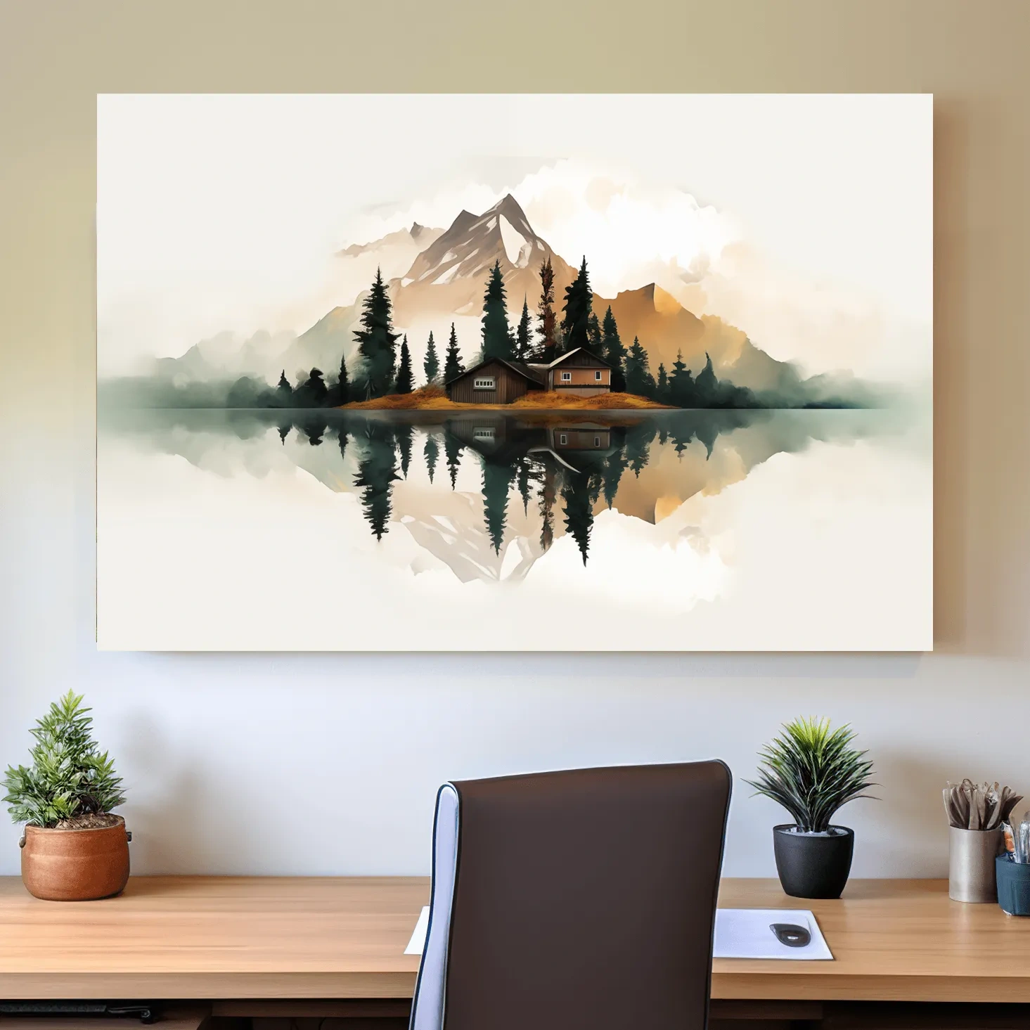 Minimalist art, glacier, lake, cabin, trees