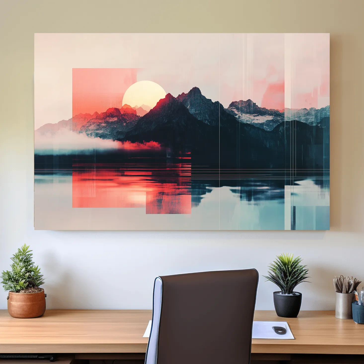 Sunset mountain wall art, glitch art effect